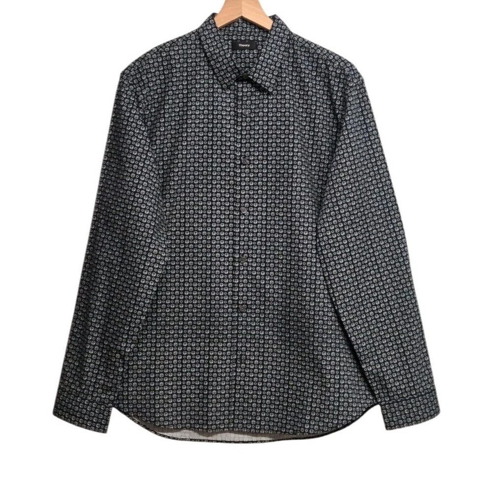 Theory Mens XL Leilan Button Up Shirt Blue Geometric Print Long Sleeve Classic